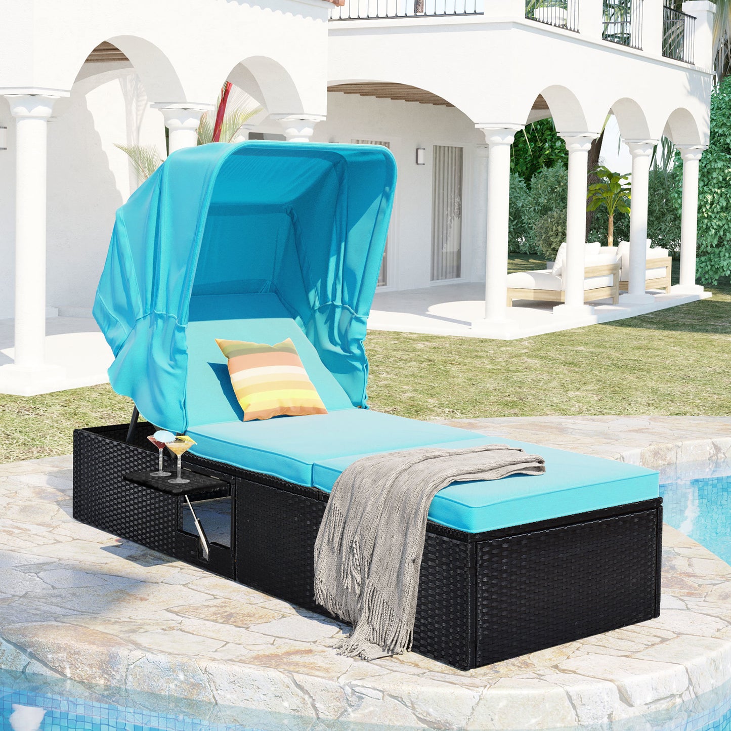 Reclining Single Chaise Lounge with Cushions, Canopy and Table