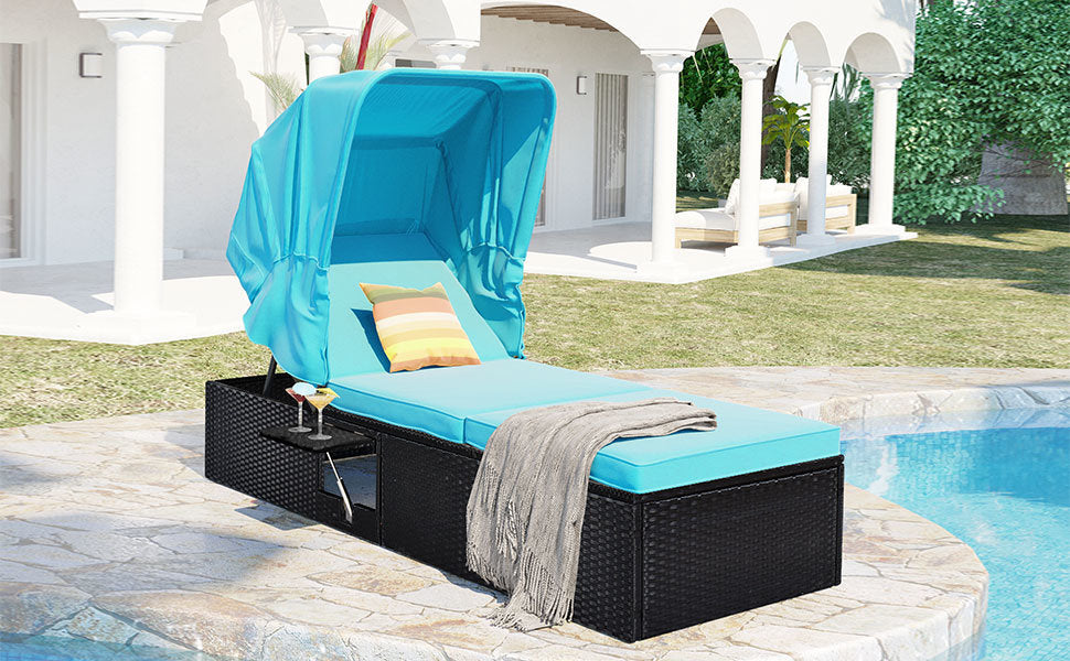 Reclining Single Chaise Lounge with Cushions, Canopy and Table