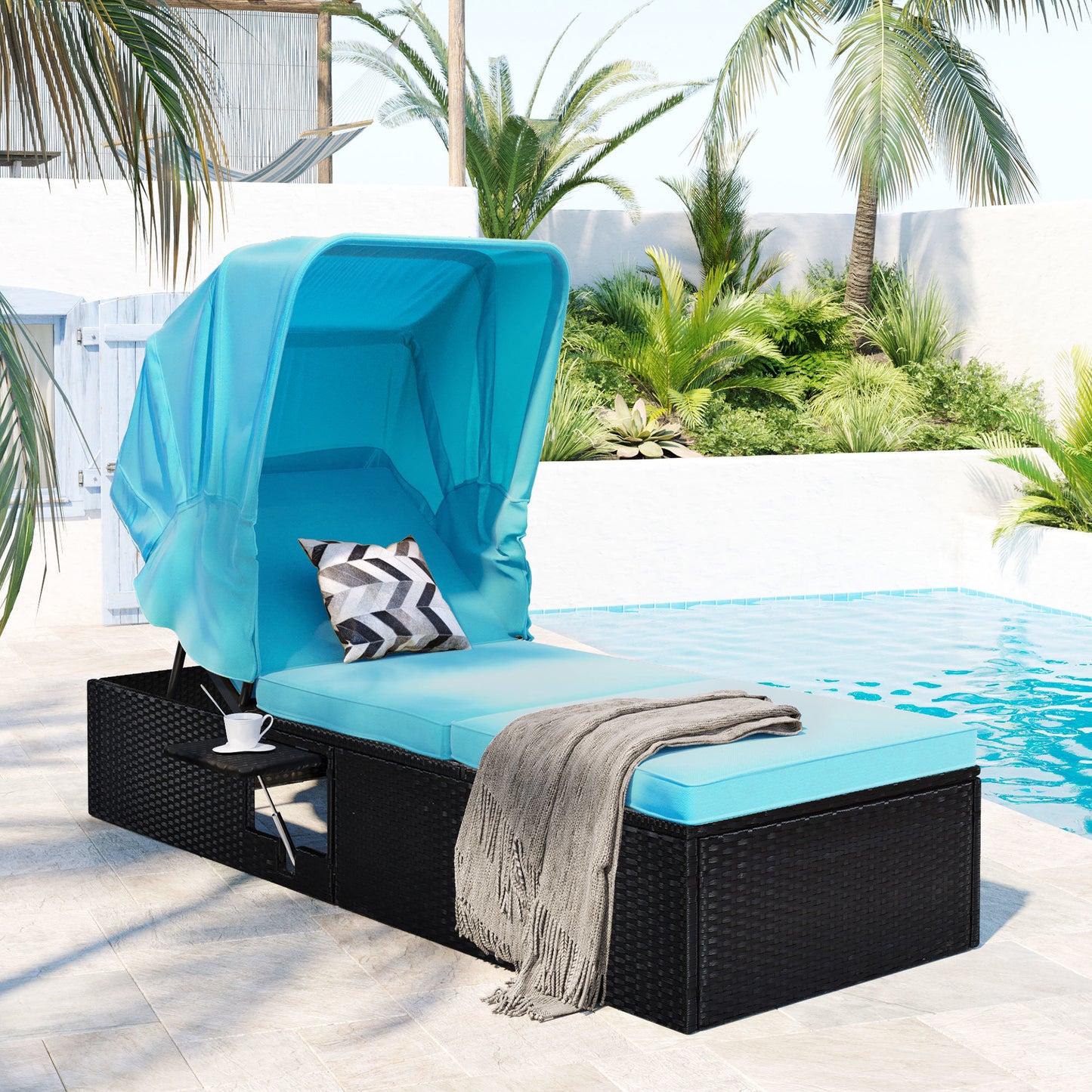 Reclining Single Chaise Lounge with Cushions, Canopy and Table