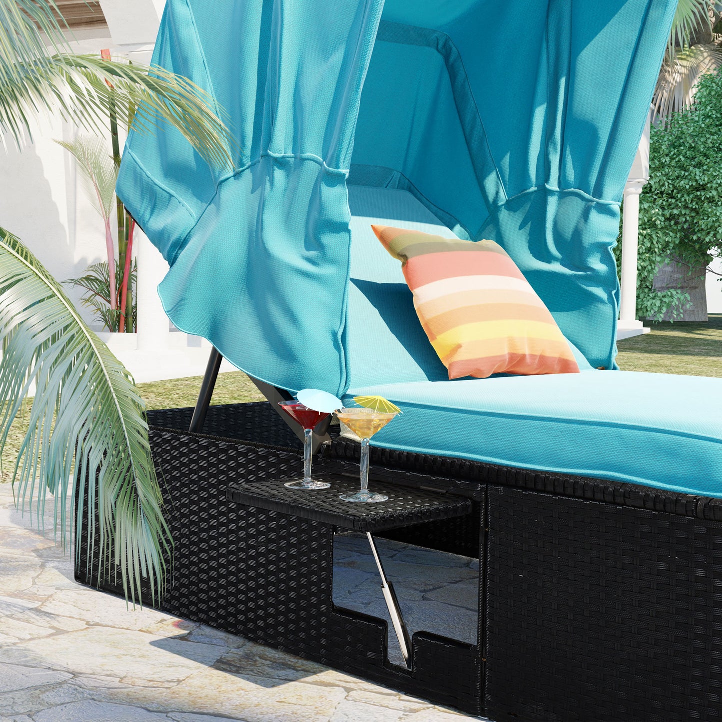 Reclining Single Chaise Lounge with Cushions, Canopy and Table