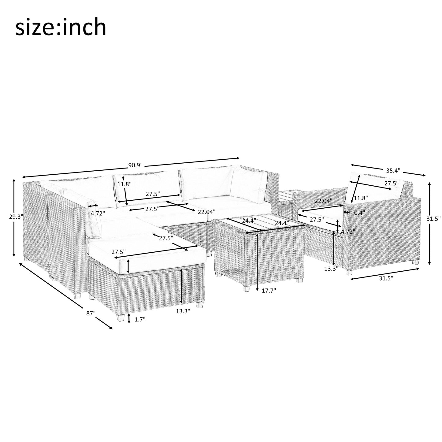 8-Piece Rattan Sectional with Cushions l PE Wicker