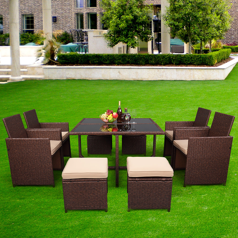 Outdoor Wood Grain PE Wicker Rattan Dining Set, With Ottoman And Tempered Glass Table