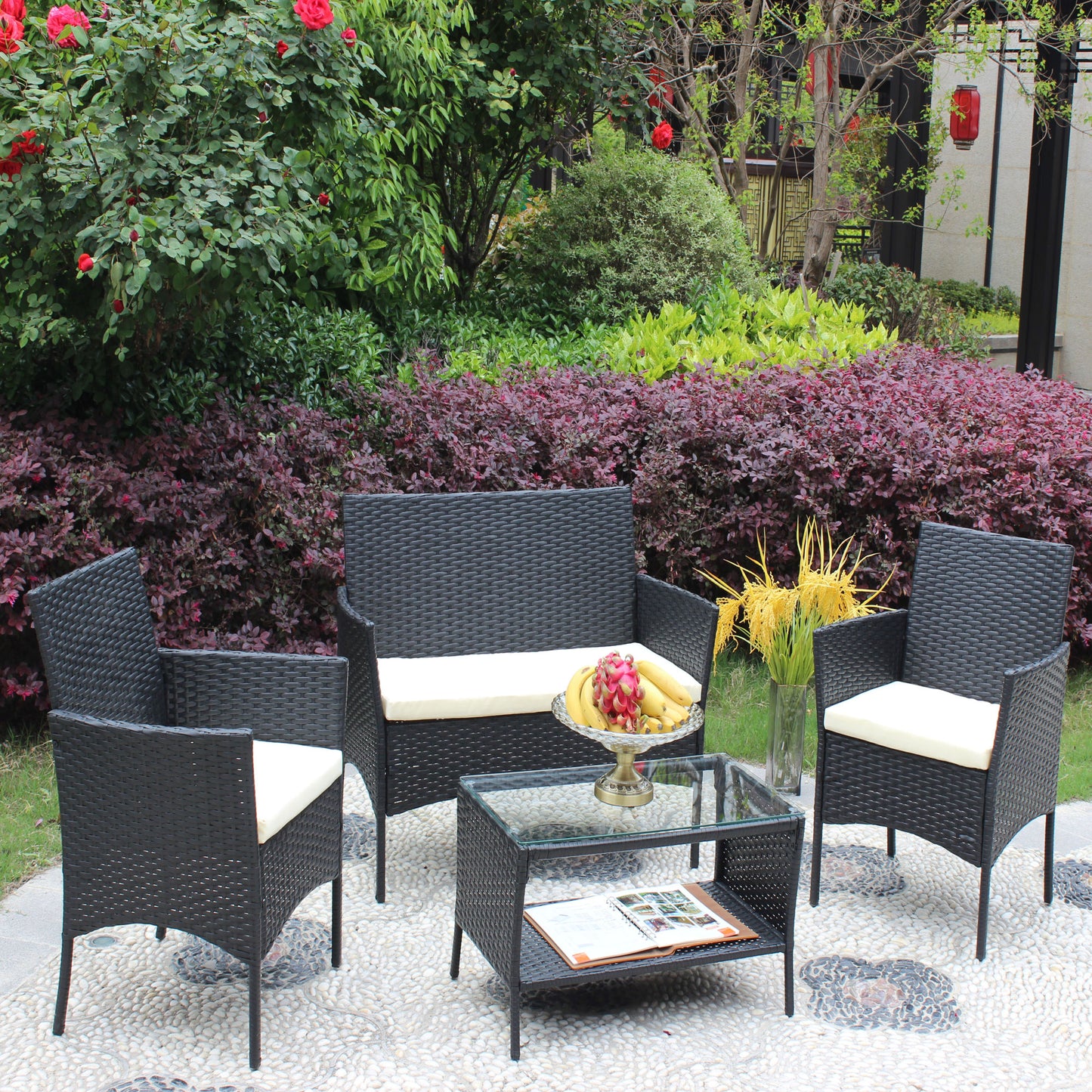 4 PC Rattan Patio Furniture Set Outdoor