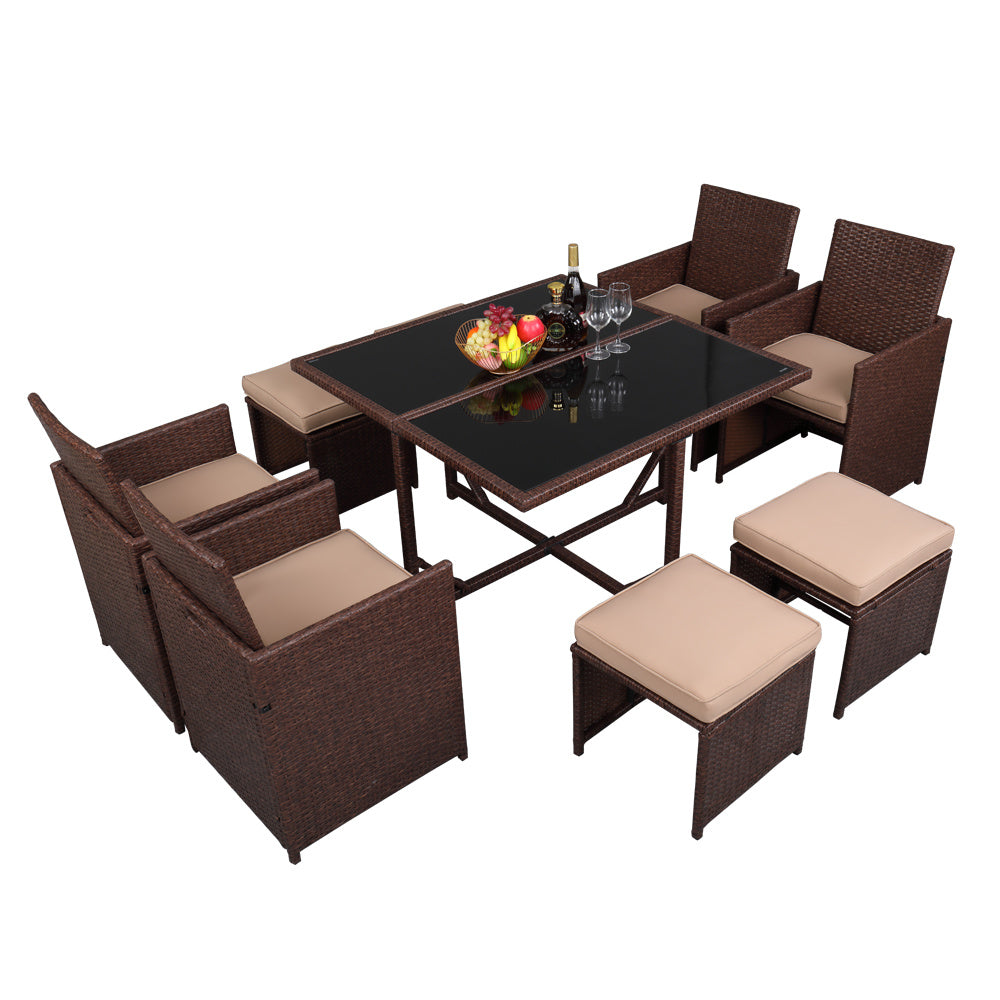 Outdoor Wood Grain PE Wicker Rattan Dining Set, With Ottoman And Tempered Glass Table
