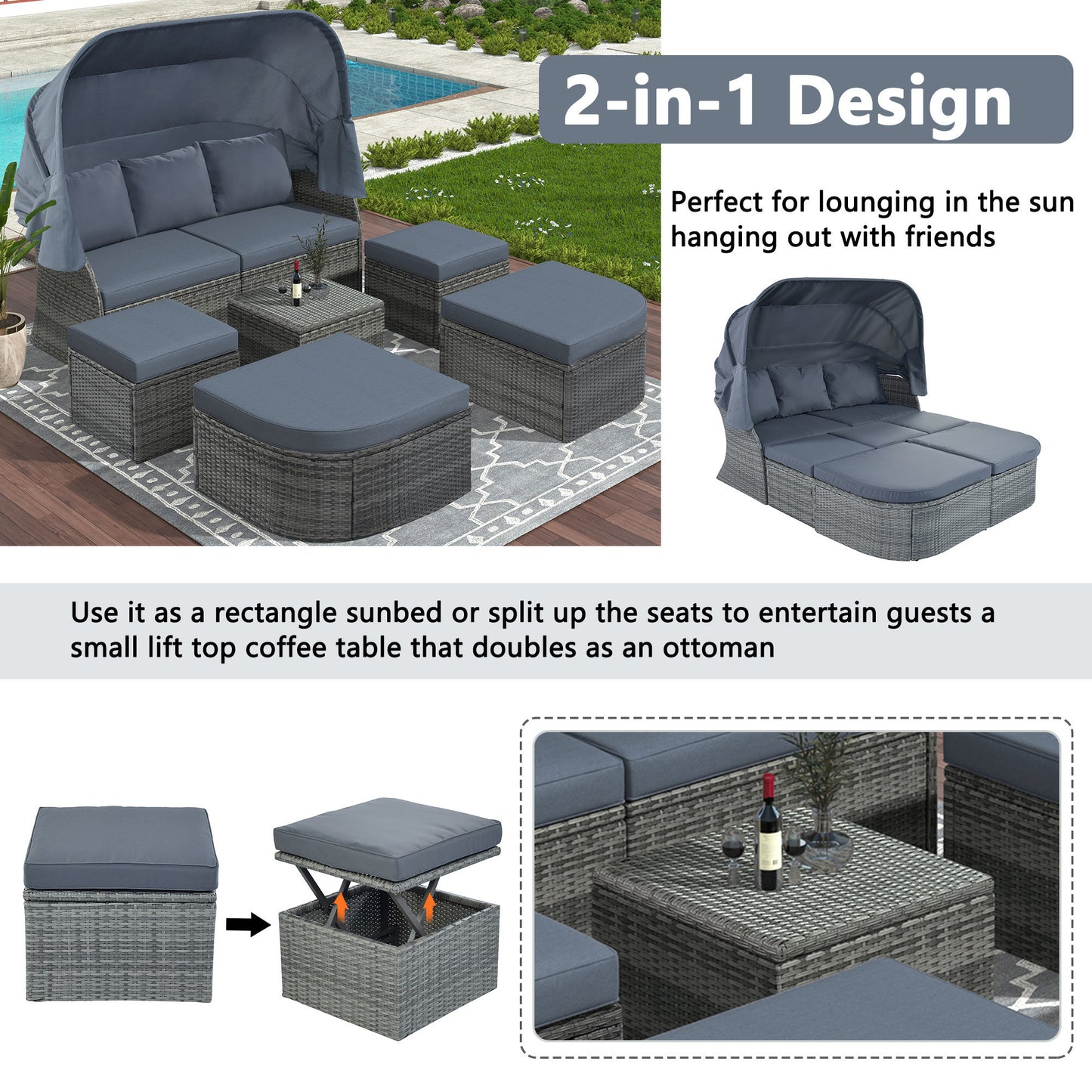 Outdoor Patio Furniture Set Sunbed with Retractable Canopy