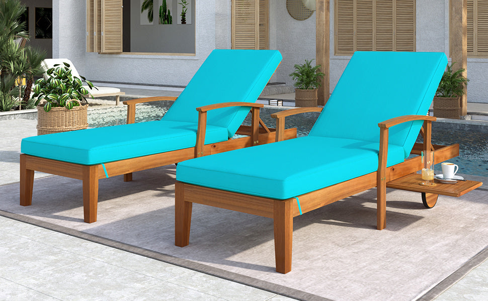 Outdoor Solid Wood 78.8" Chaise Lounge Patio Reclining Daybed with Cushion; Set of 2